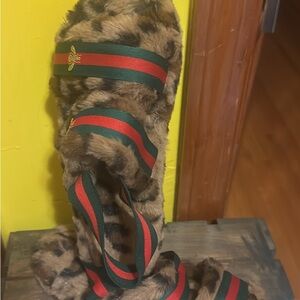 Leopard Print Fur Sandals with Red and Green Straps